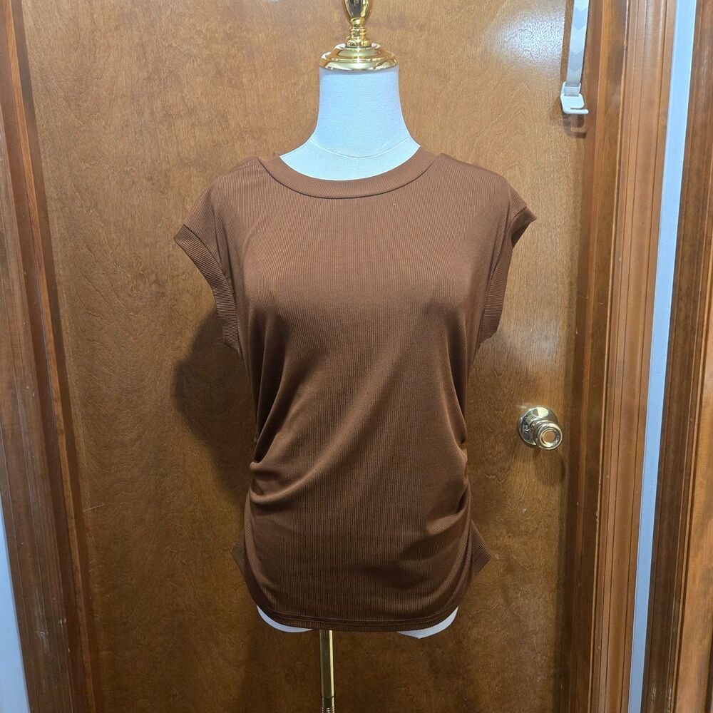 Cider Brown Ribbed Short Sleeve Top Basic Tee Size 1XL
